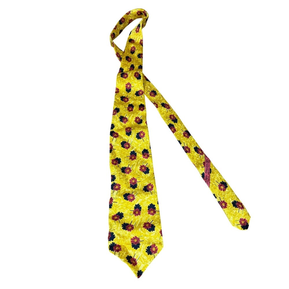 Ermenegildo Zegna Tie Mens OS Yellow Silk Floral Jacquard Made in Italy Luxury